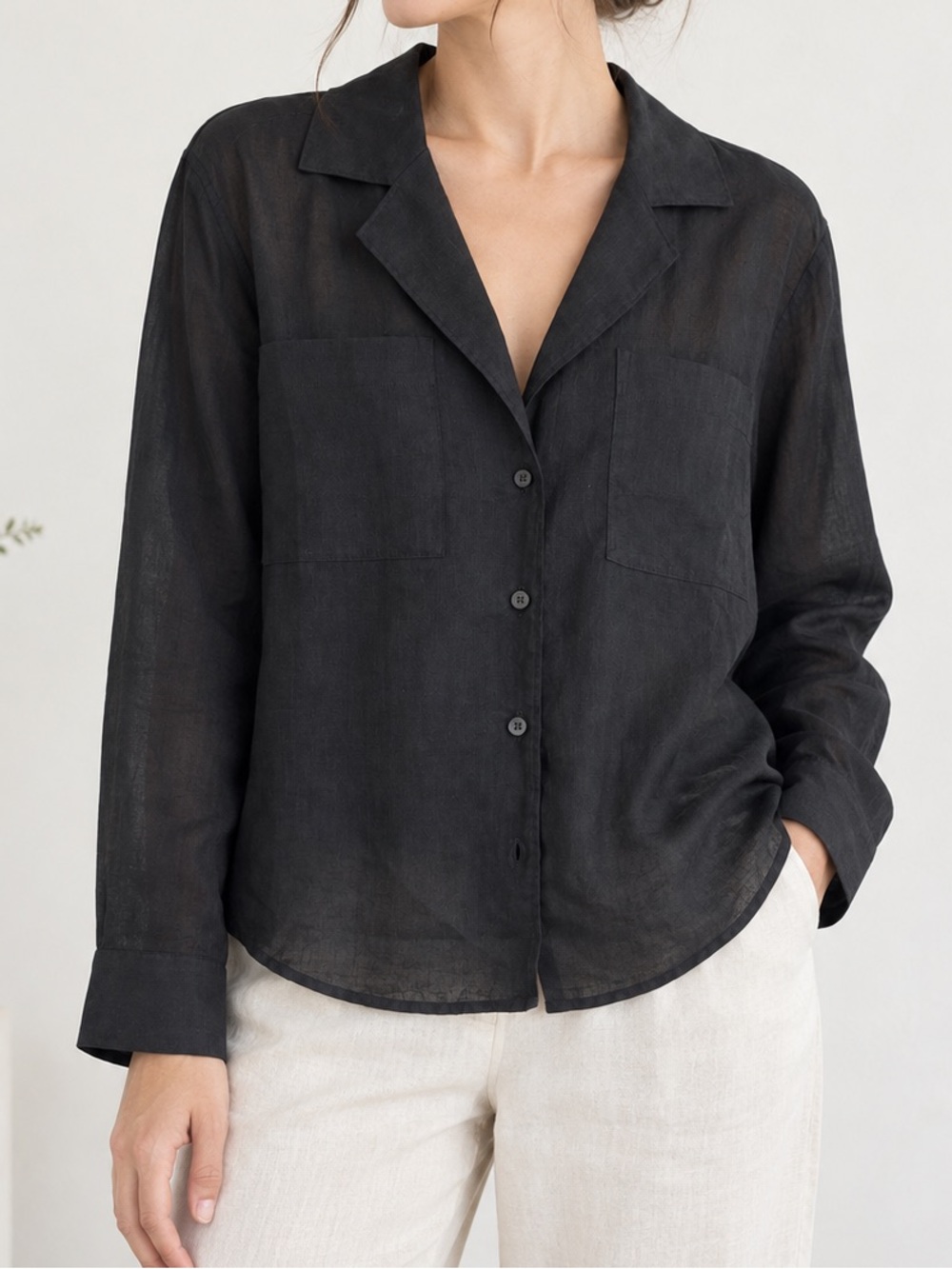 Madewell Black 100% Ramie Button Front Shirt Blouse Collared Boxy Size S New